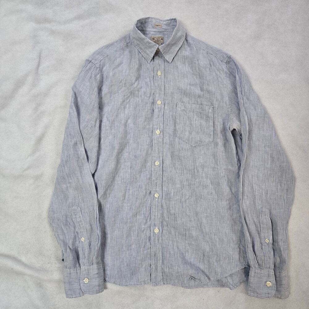 J. Crew Men's 100% Linen Button down Shirt, Medium Slim Fit, Blue White Striped
